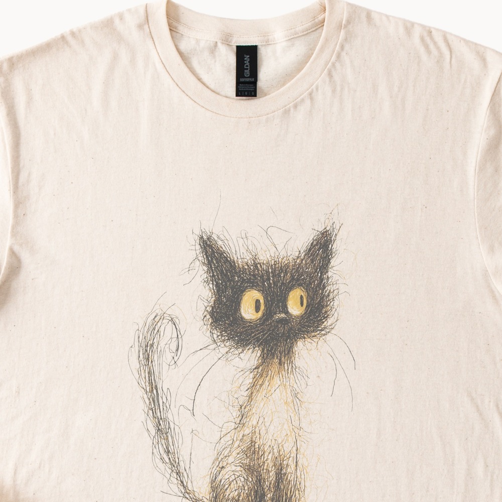 Quirky Fluffy Cat Graphic Tee with Yellow Eyes Sketch Art Design